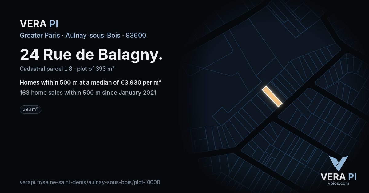 24 Rue de Balagny, Aulnay-sous-Bois at night – the plot lit, the parcels around coloured by the prices near them