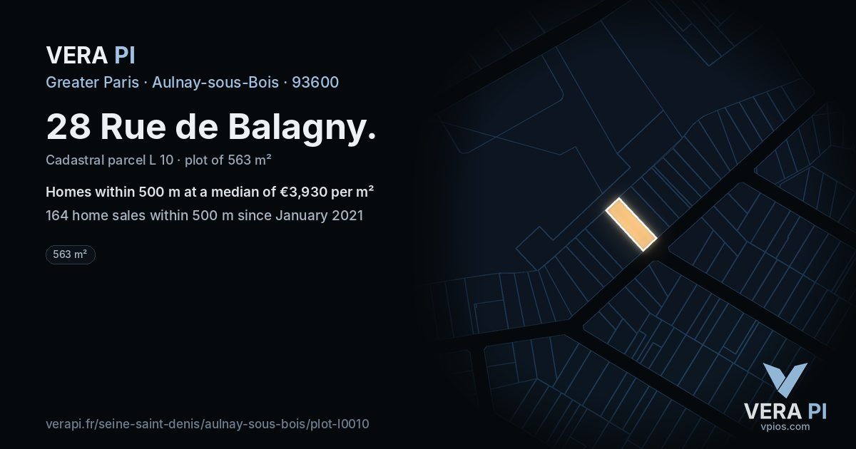 28 Rue de Balagny, Aulnay-sous-Bois at night – the plot lit, the parcels around coloured by the prices near them