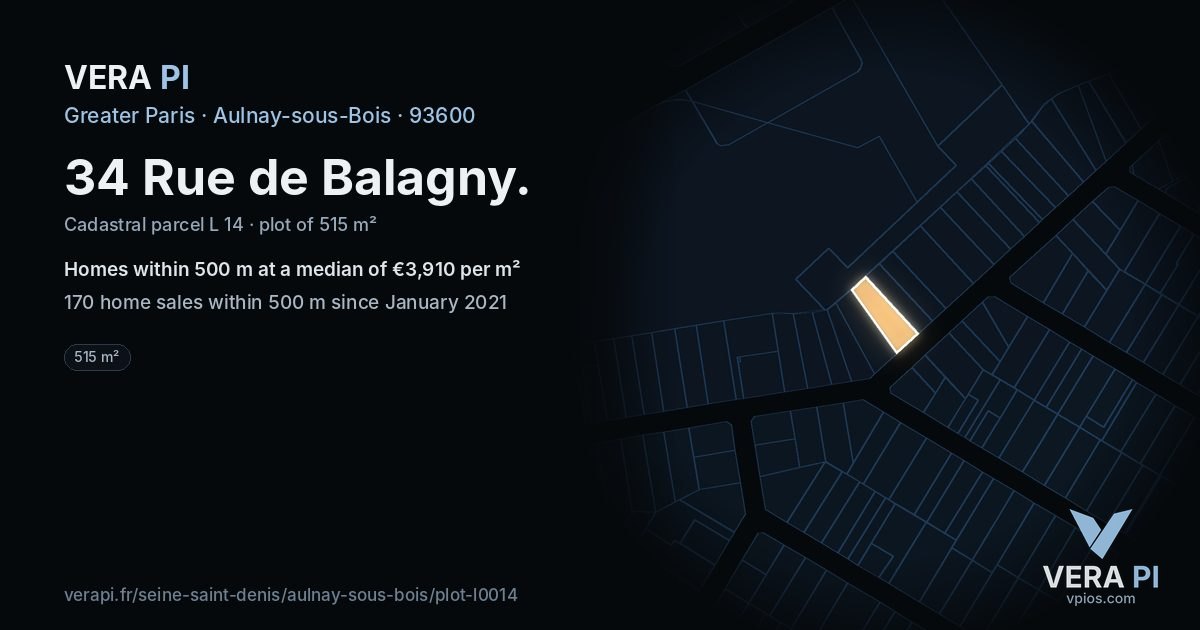 34 Rue de Balagny, Aulnay-sous-Bois at night – the plot lit, the parcels around coloured by the prices near them