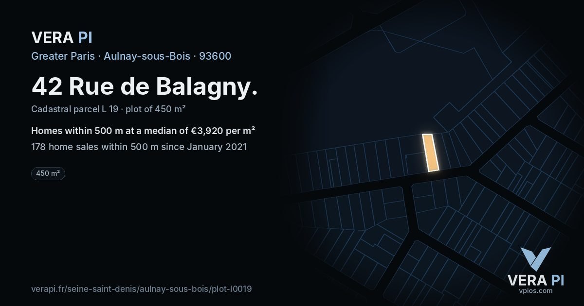 42 Rue de Balagny, Aulnay-sous-Bois at night – the plot lit, the parcels around coloured by the prices near them