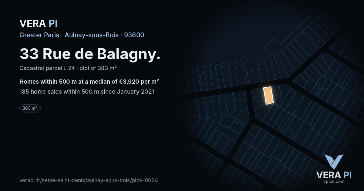 33 Rue de Balagny, Aulnay-sous-Bois at night – the plot lit, the parcels around coloured by the prices near them