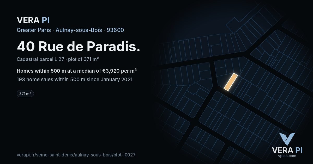 40 Rue de Paradis, Aulnay-sous-Bois at night – the plot lit, the parcels around coloured by the prices near them
