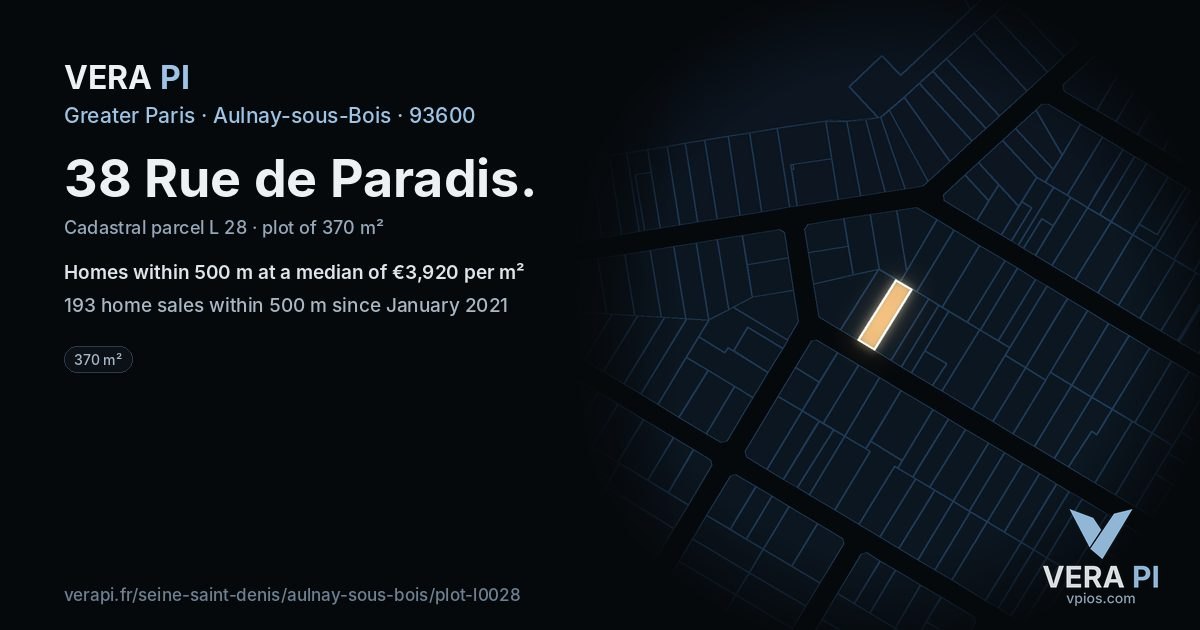38 Rue de Paradis, Aulnay-sous-Bois at night – the plot lit, the parcels around coloured by the prices near them