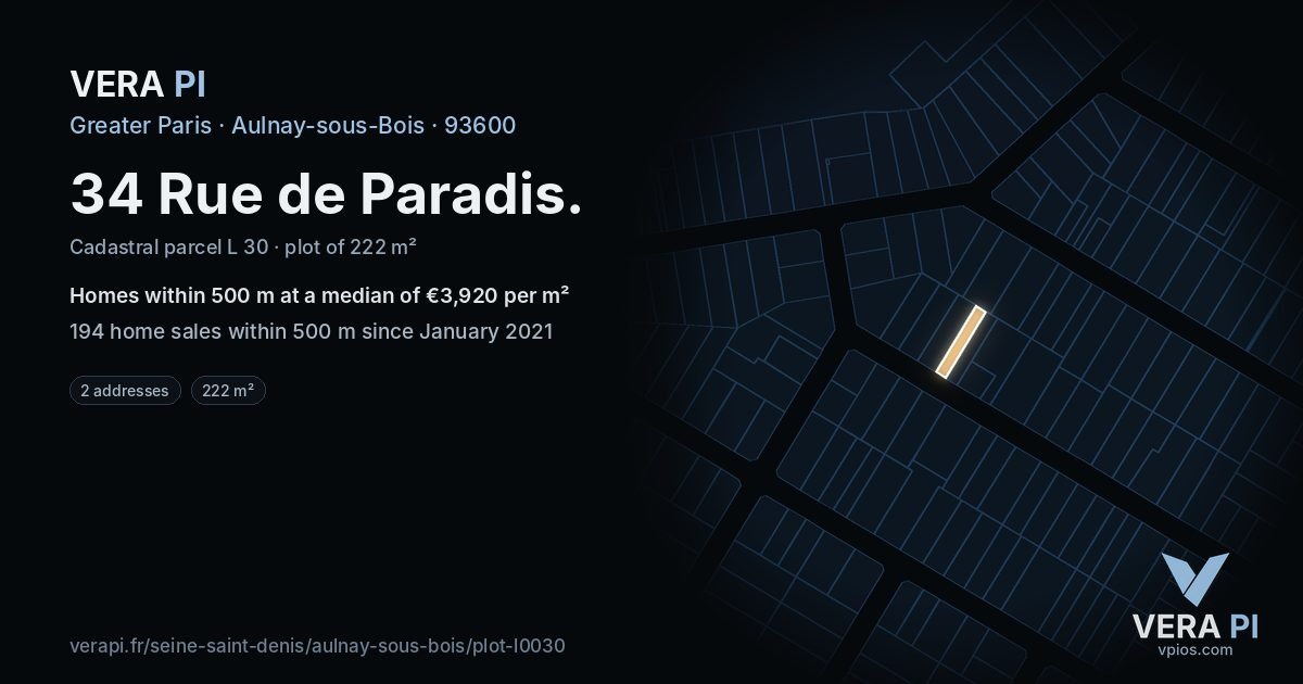 34 Rue de Paradis, Aulnay-sous-Bois at night – the plot lit, the parcels around coloured by the prices near them