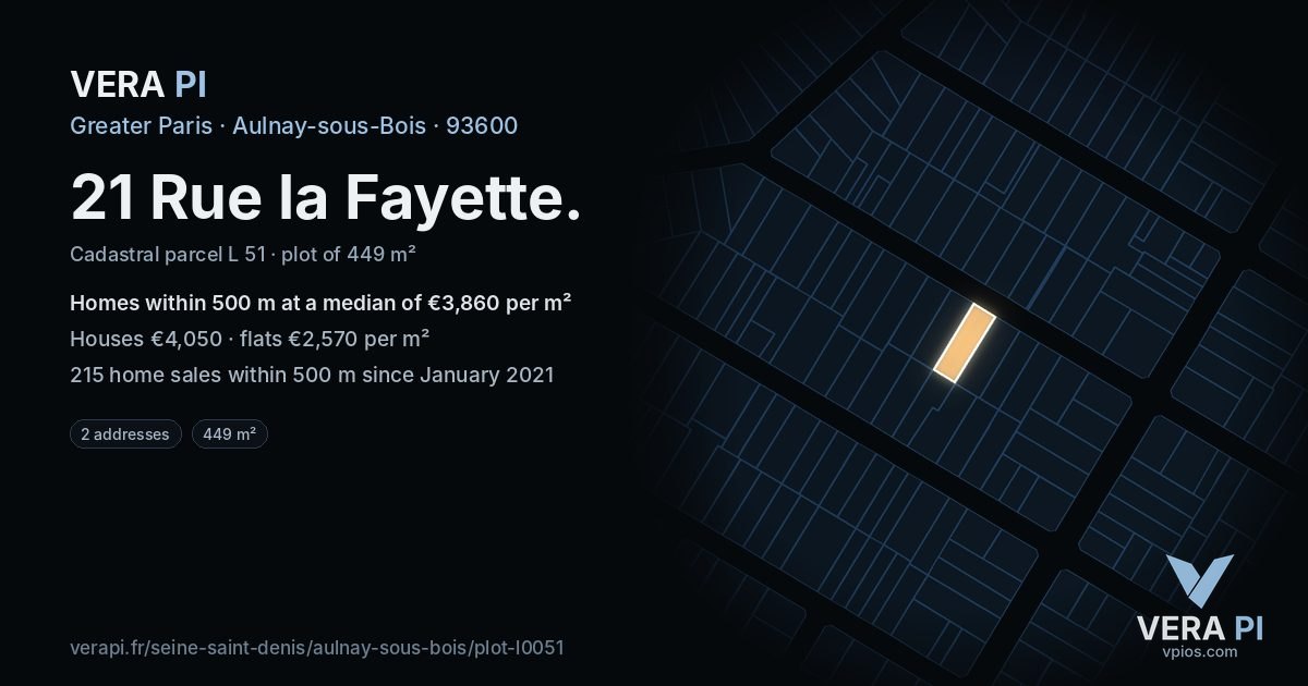 21 Rue la Fayette, Aulnay-sous-Bois at night – the plot lit, the parcels around coloured by the prices near them