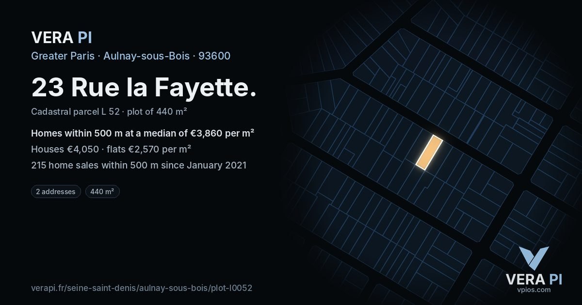 23 Rue la Fayette, Aulnay-sous-Bois at night – the plot lit, the parcels around coloured by the prices near them
