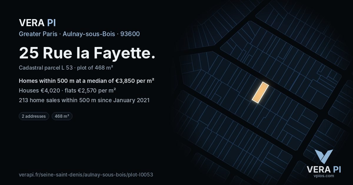 25 Rue la Fayette, Aulnay-sous-Bois at night – the plot lit, the parcels around coloured by the prices near them