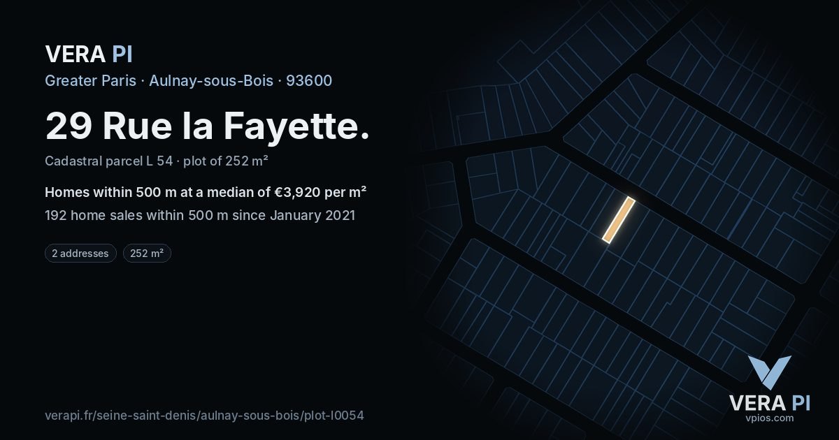 29 Rue la Fayette, Aulnay-sous-Bois at night – the plot lit, the parcels around coloured by the prices near them