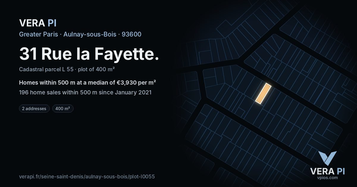 31 Rue la Fayette, Aulnay-sous-Bois at night – the plot lit, the parcels around coloured by the prices near them