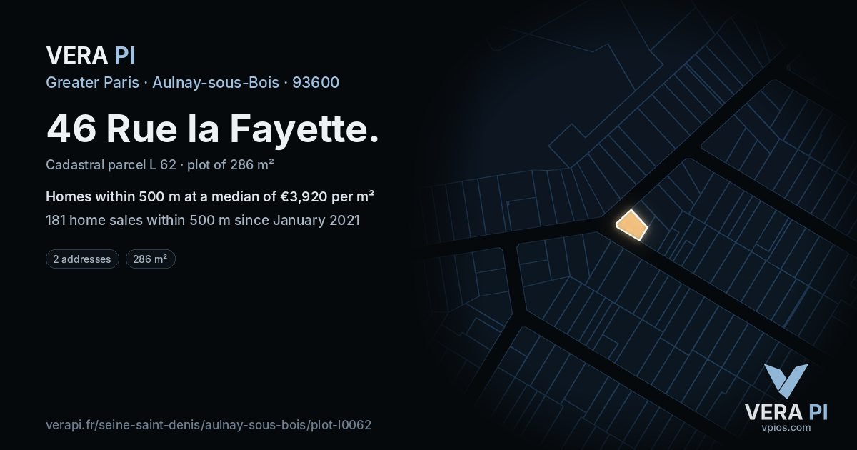 46 Rue la Fayette, Aulnay-sous-Bois at night – the plot lit, the parcels around coloured by the prices near them