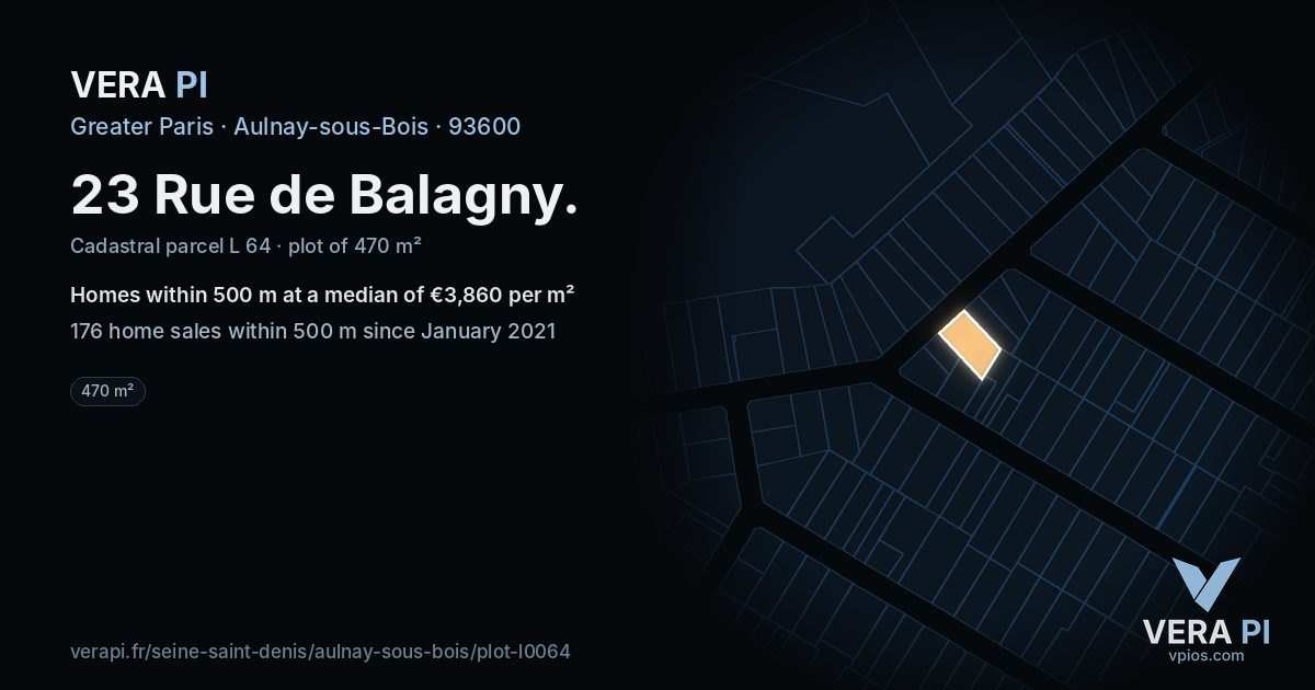 23 Rue de Balagny, Aulnay-sous-Bois at night – the plot lit, the parcels around coloured by the prices near them