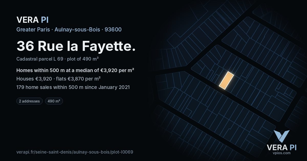 36 Rue la Fayette, Aulnay-sous-Bois at night – the plot lit, the parcels around coloured by the prices near them
