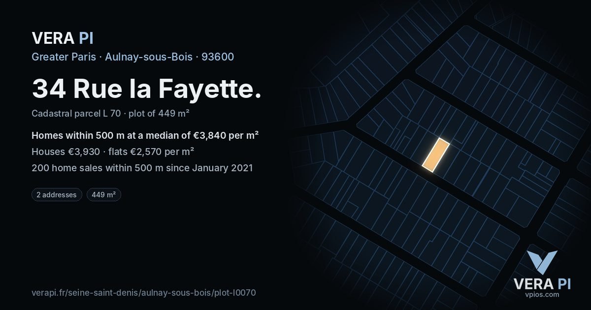 34 Rue la Fayette, Aulnay-sous-Bois at night – the plot lit, the parcels around coloured by the prices near them