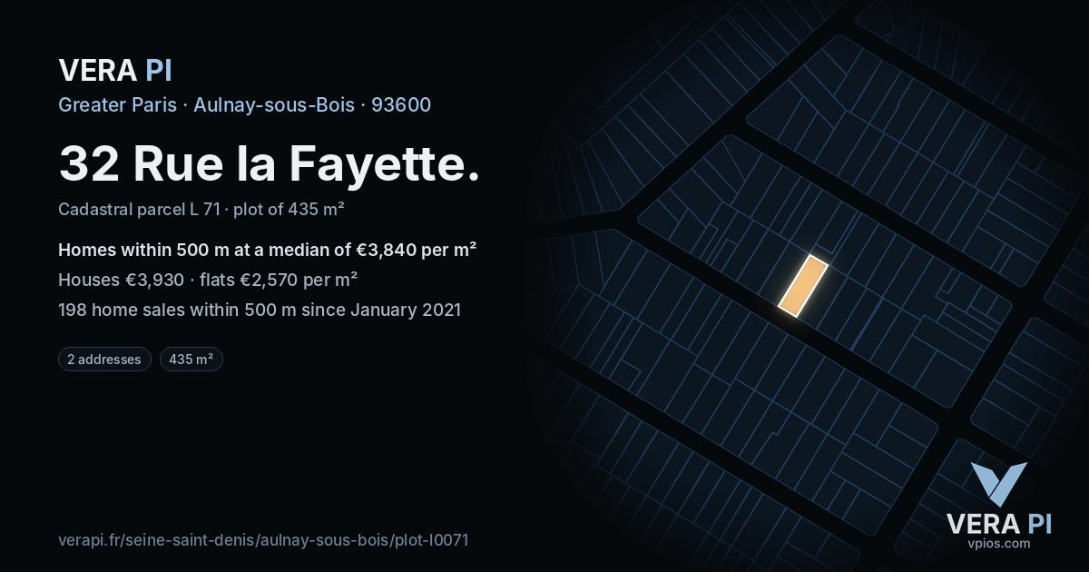 32 Rue la Fayette, Aulnay-sous-Bois at night – the plot lit, the parcels around coloured by the prices near them