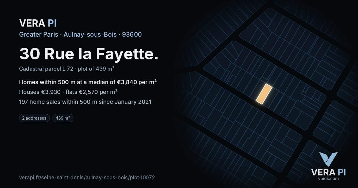 30 Rue la Fayette, Aulnay-sous-Bois at night – the plot lit, the parcels around coloured by the prices near them