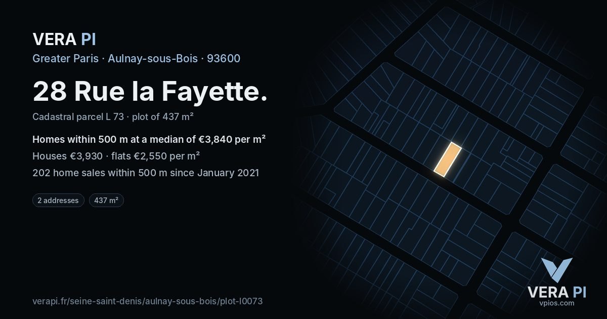 28 Rue la Fayette, Aulnay-sous-Bois at night – the plot lit, the parcels around coloured by the prices near them