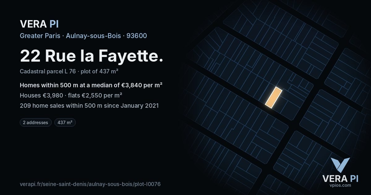 22 Rue la Fayette, Aulnay-sous-Bois at night – the plot lit, the parcels around coloured by the prices near them