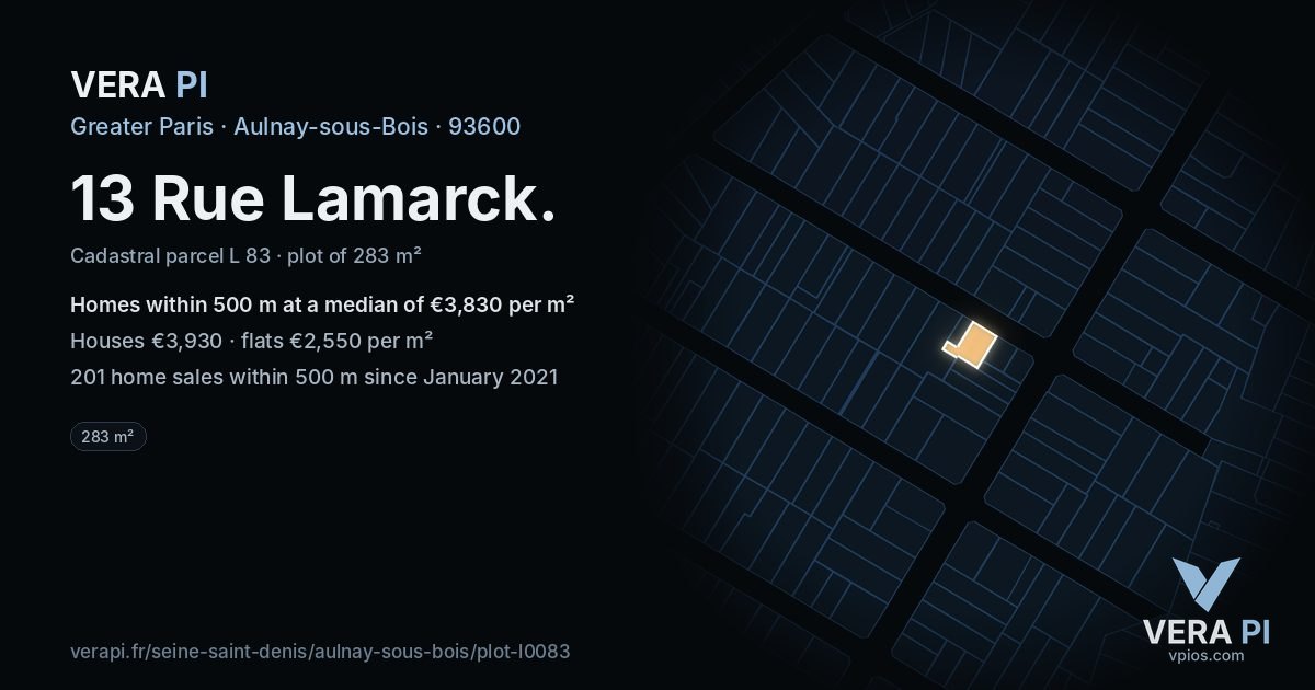 13 Rue Lamarck, Aulnay-sous-Bois at night – the plot lit, the parcels around coloured by the prices near them