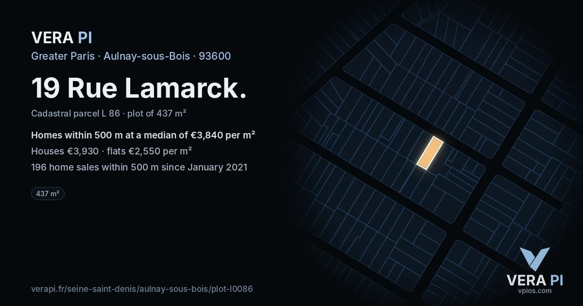 19 Rue Lamarck, Aulnay-sous-Bois at night – the plot lit, the parcels around coloured by the prices near them
