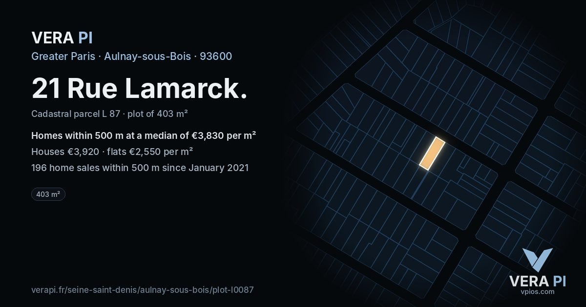 21 Rue Lamarck, Aulnay-sous-Bois at night – the plot lit, the parcels around coloured by the prices near them