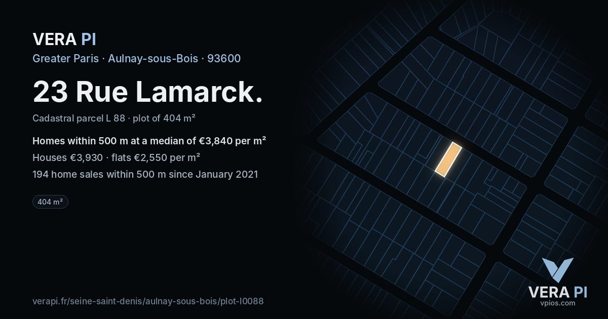 23 Rue Lamarck, Aulnay-sous-Bois at night – the plot lit, the parcels around coloured by the prices near them