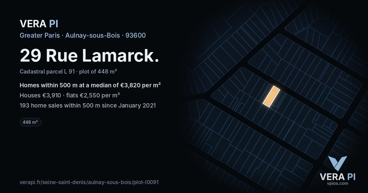 29 Rue Lamarck, Aulnay-sous-Bois at night – the plot lit, the parcels around coloured by the prices near them