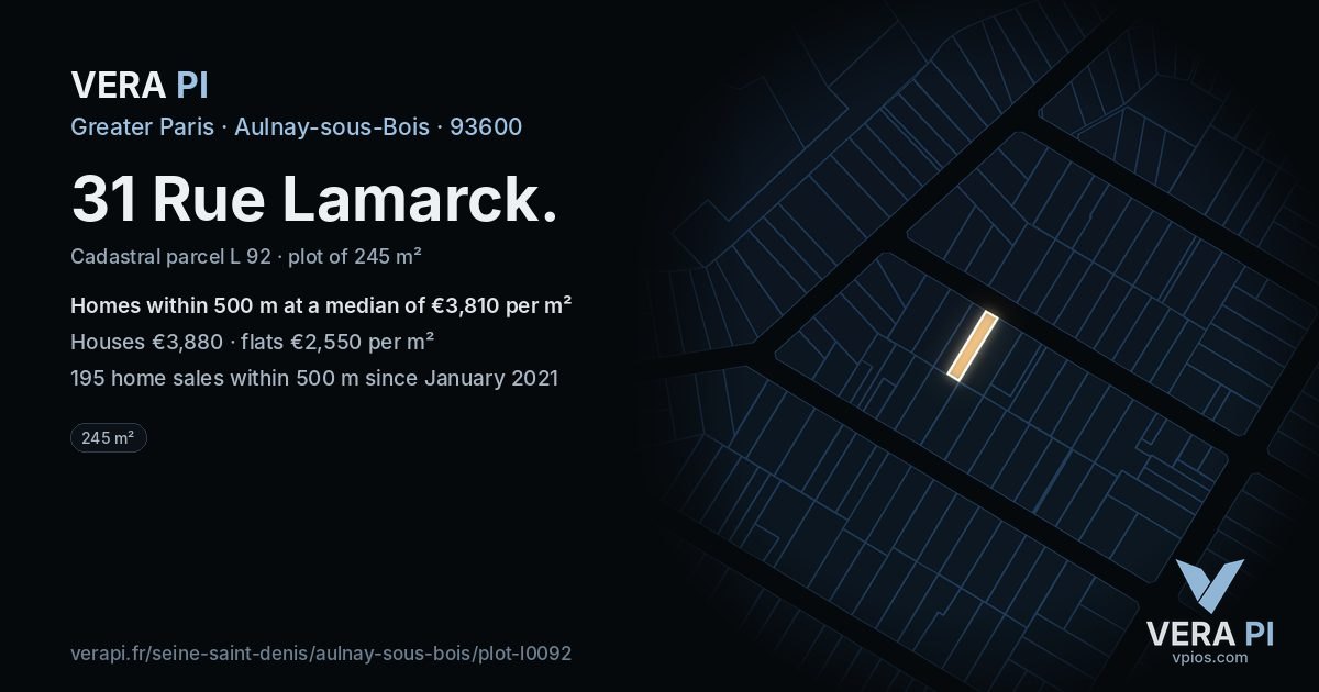 31 Rue Lamarck, Aulnay-sous-Bois at night – the plot lit, the parcels around coloured by the prices near them