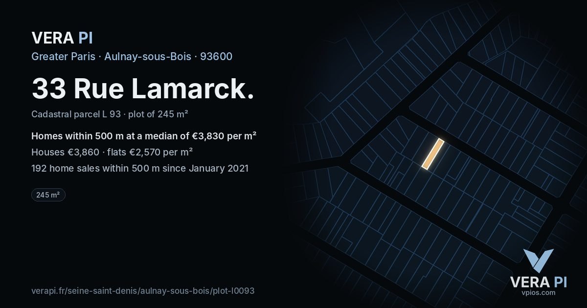 33 Rue Lamarck, Aulnay-sous-Bois at night – the plot lit, the parcels around coloured by the prices near them
