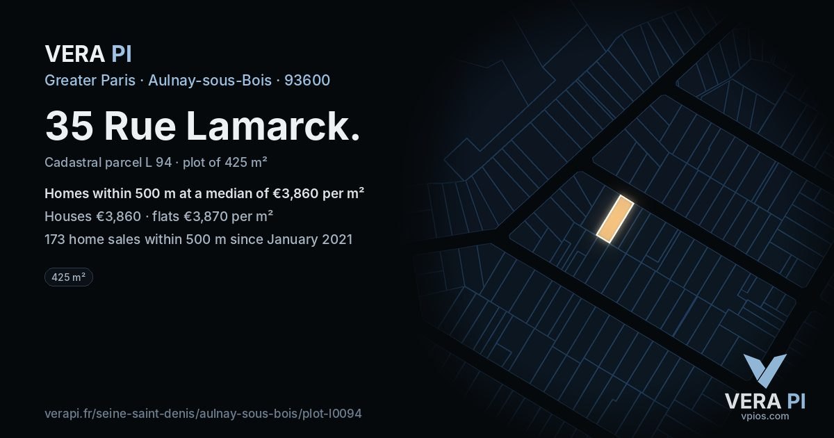 35 Rue Lamarck, Aulnay-sous-Bois at night – the plot lit, the parcels around coloured by the prices near them