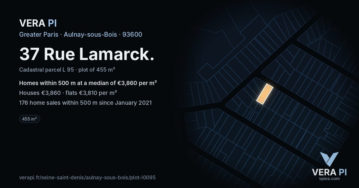 37 Rue Lamarck, Aulnay-sous-Bois at night – the plot lit, the parcels around coloured by the prices near them