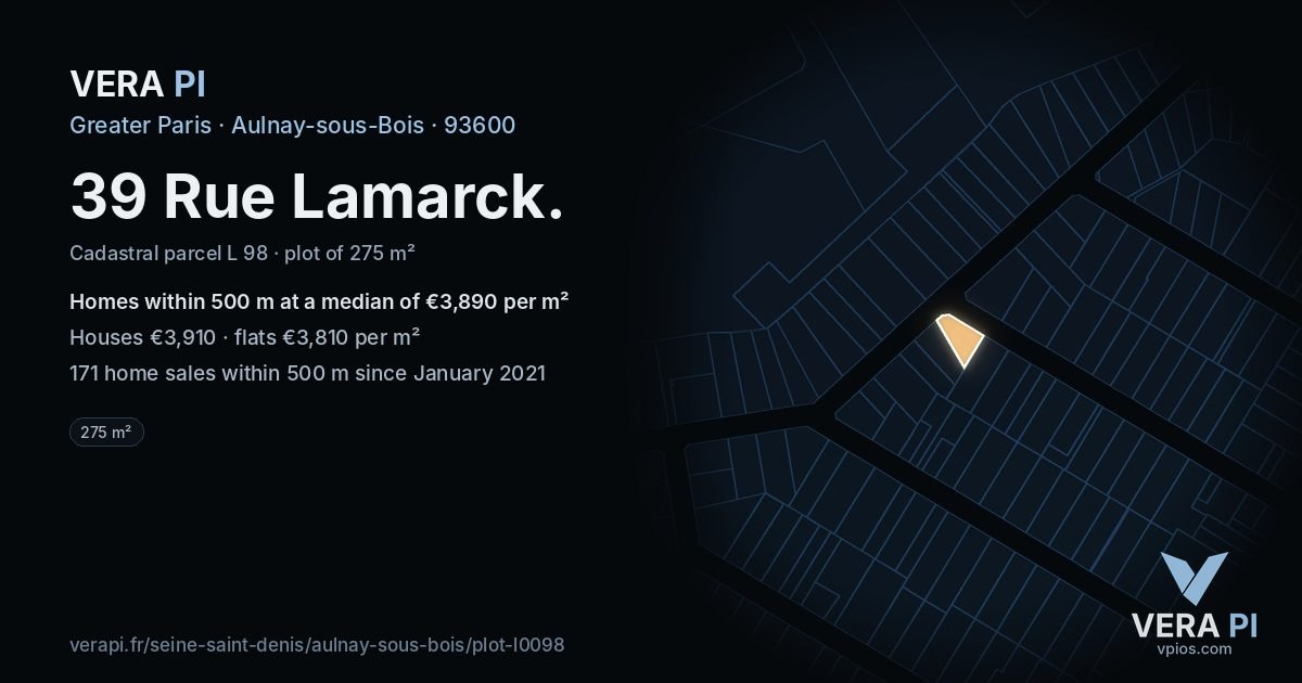 39 Rue Lamarck, Aulnay-sous-Bois at night – the plot lit, the parcels around coloured by the prices near them