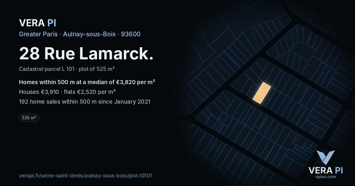 28 Rue Lamarck, Aulnay-sous-Bois at night – the plot lit, the parcels around coloured by the prices near them