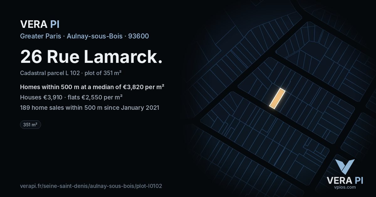 26 Rue Lamarck, Aulnay-sous-Bois at night – the plot lit, the parcels around coloured by the prices near them