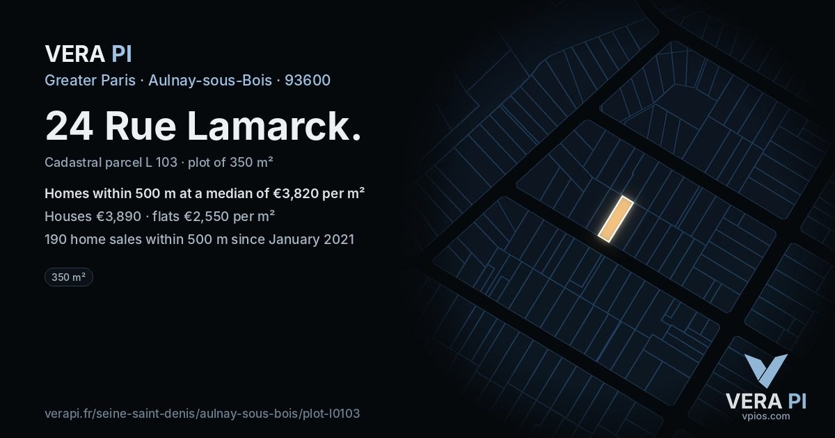 24 Rue Lamarck, Aulnay-sous-Bois at night – the plot lit, the parcels around coloured by the prices near them