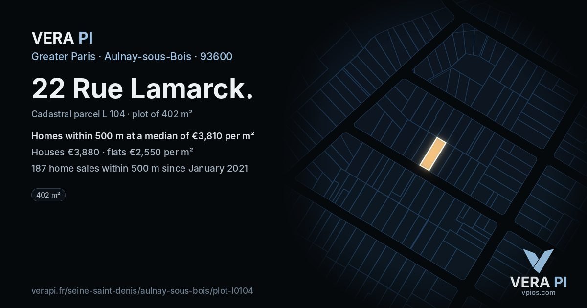 22 Rue Lamarck, Aulnay-sous-Bois at night – the plot lit, the parcels around coloured by the prices near them