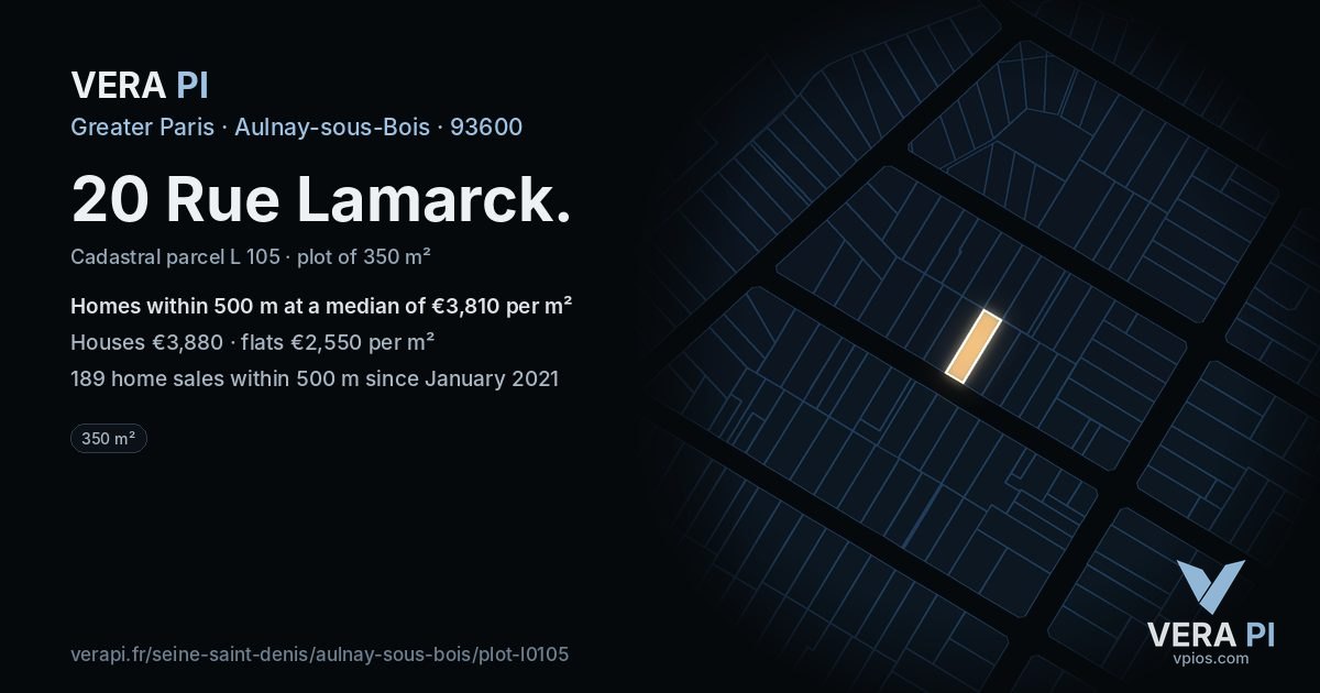 20 Rue Lamarck, Aulnay-sous-Bois at night – the plot lit, the parcels around coloured by the prices near them