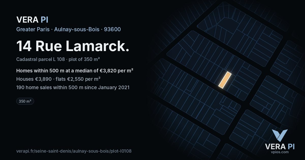 14 Rue Lamarck, Aulnay-sous-Bois at night – the plot lit, the parcels around coloured by the prices near them