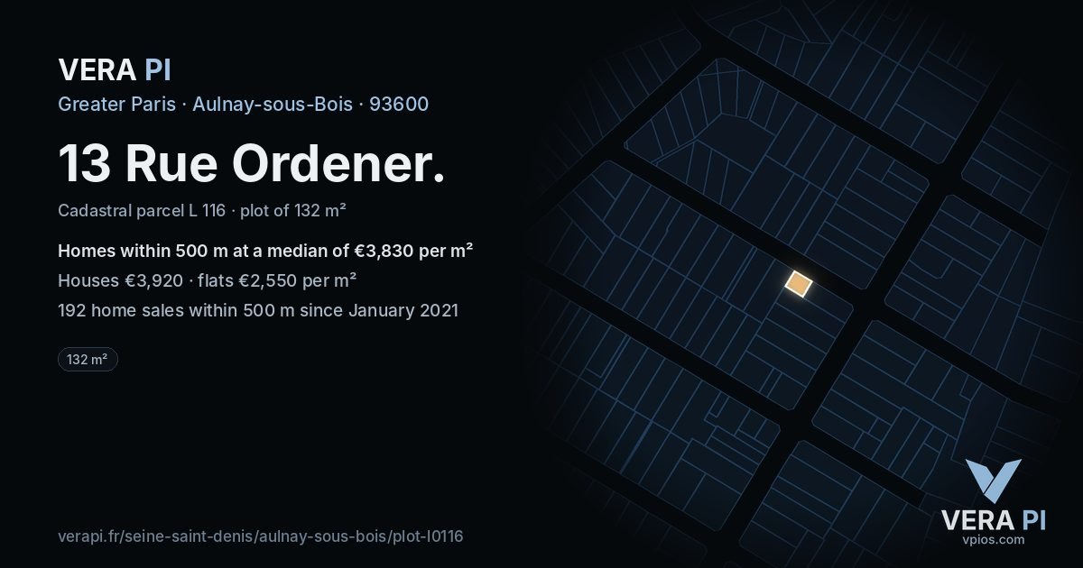 13 Rue Ordener, Aulnay-sous-Bois at night – the plot lit, the parcels around coloured by the prices near them
