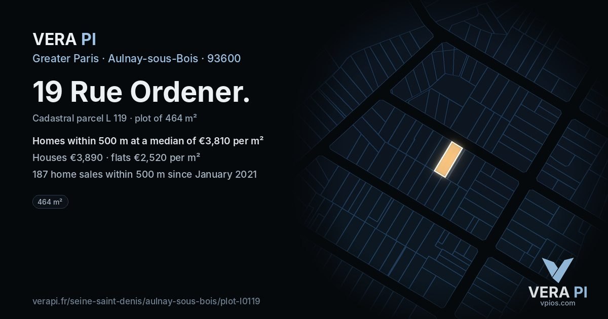 19 Rue Ordener, Aulnay-sous-Bois at night – the plot lit, the parcels around coloured by the prices near them