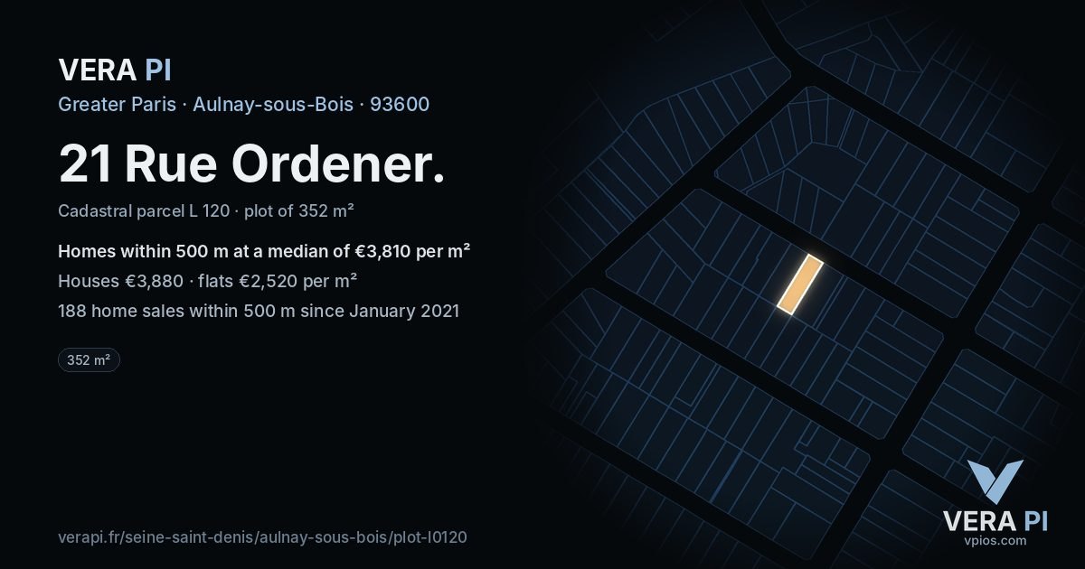 21 Rue Ordener, Aulnay-sous-Bois at night – the plot lit, the parcels around coloured by the prices near them