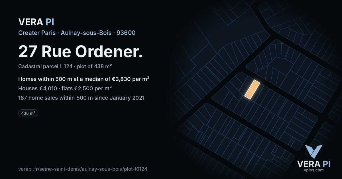 27 Rue Ordener, Aulnay-sous-Bois at night – the plot lit, the parcels around coloured by the prices near them
