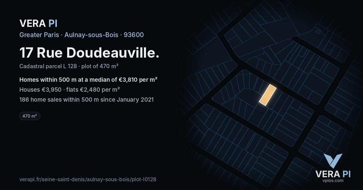 17 Rue Doudeauville, Aulnay-sous-Bois at night – the plot lit, the parcels around coloured by the prices near them