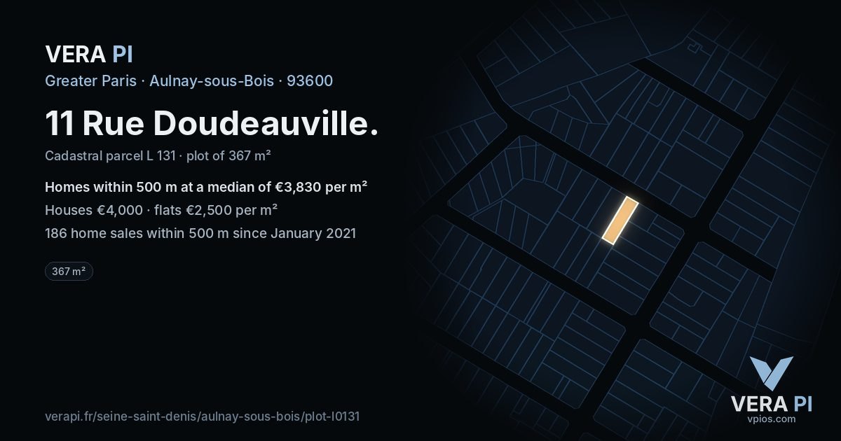 11 Rue Doudeauville, Aulnay-sous-Bois at night – the plot lit, the parcels around coloured by the prices near them