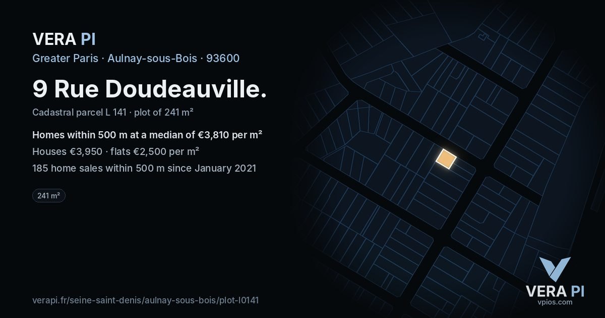 9 Rue Doudeauville, Aulnay-sous-Bois at night – the plot lit, the parcels around coloured by the prices near them
