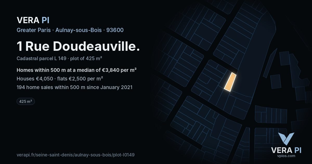 1 Rue Doudeauville, Aulnay-sous-Bois at night – the plot lit, the parcels around coloured by the prices near them