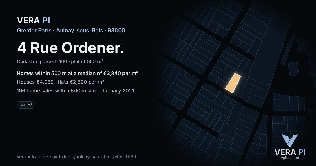 4 Rue Ordener, Aulnay-sous-Bois at night – the plot lit, the parcels around coloured by the prices near them