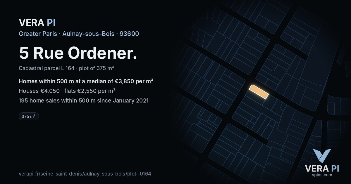 5 Rue Ordener, Aulnay-sous-Bois at night – the plot lit, the parcels around coloured by the prices near them