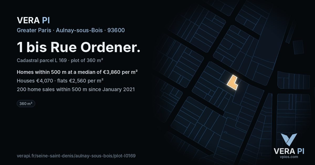 1 bis Rue Ordener, Aulnay-sous-Bois at night – the plot lit, the parcels around coloured by the prices near them