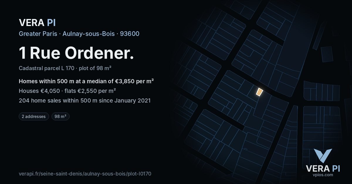 1 Rue Ordener, Aulnay-sous-Bois at night – the plot lit, the parcels around coloured by the prices near them