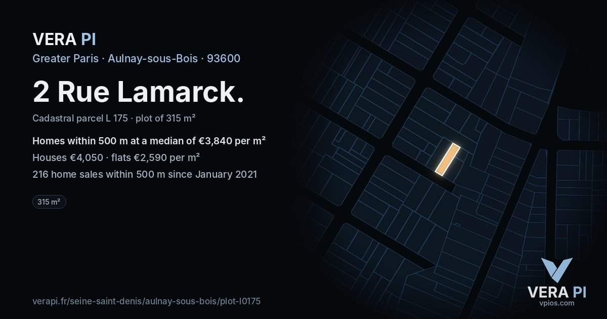 2 Rue Lamarck, Aulnay-sous-Bois at night – the plot lit, the parcels around coloured by the prices near them